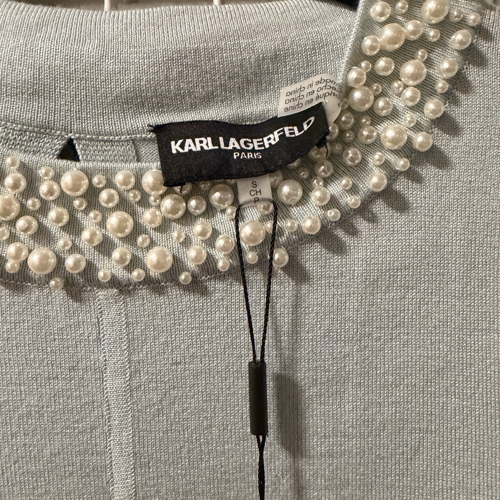 NWT Karl Lagerfeld Light Blue Pearl-Embellished Top, Sz S - Picture 5 of 8